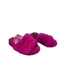 UGG Fluff Slide Slippers Girls Size 11 Pink Fuzzy Logo Slingback House Shoes